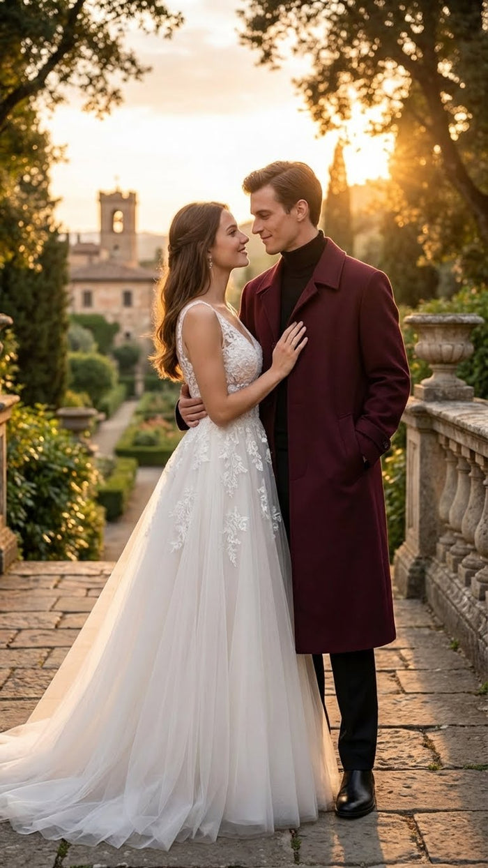 Alberto Nardoni men's burgundy overcoat. Tailored wool blend with a notched collar and straight silhouette. Single-breasted, button closure, side pockets. Long sleeves, classic design.
