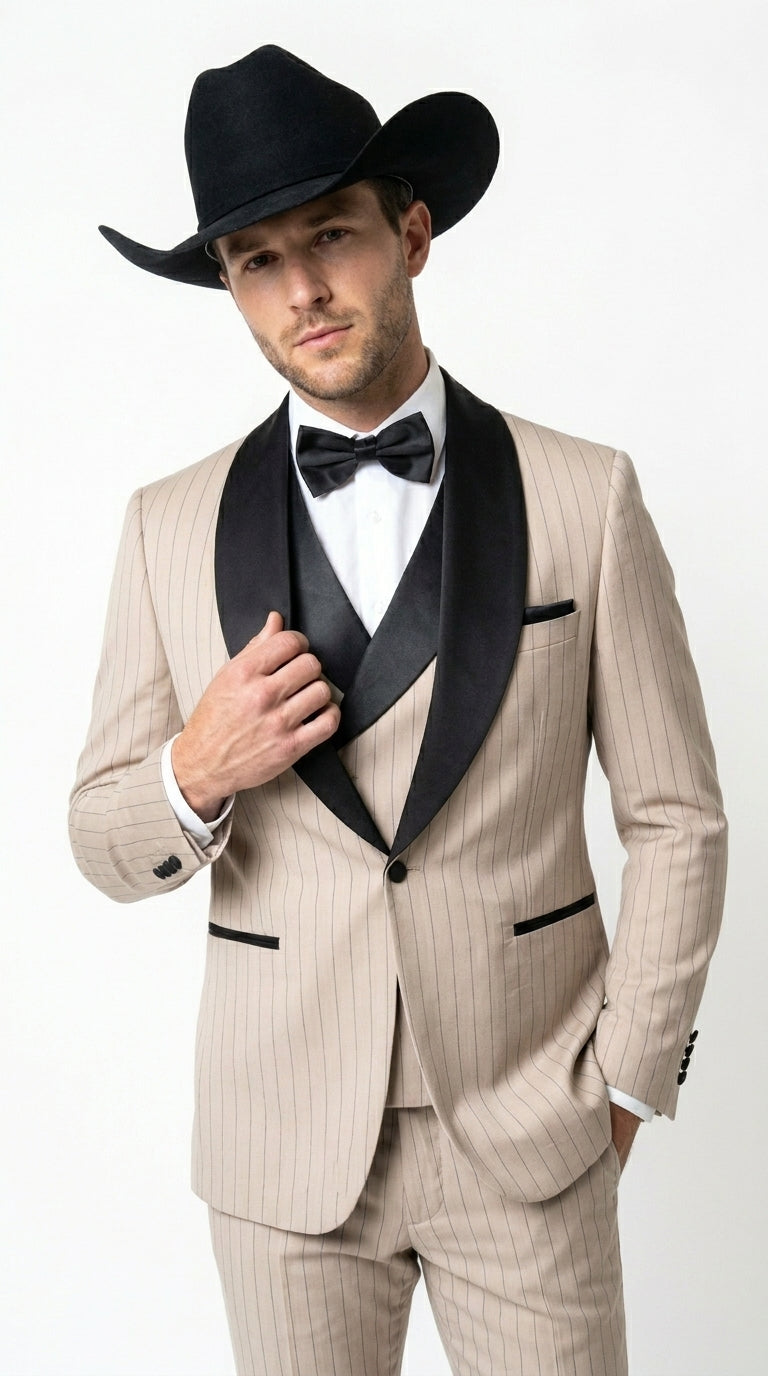 Men’s Beige Pinstripe Western 3 Piece Tuxedo Suit with Black Shawl Lapel, Formal Cowboy Wedding Prom Suit in Tan Khaki Color