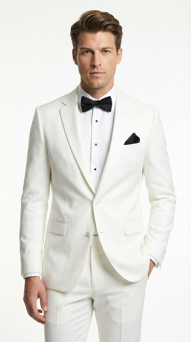 Mens White Wedding Tuxedo Suit – Formal Groom Suit Set Classic Dinner Jacket + White Tuxedo Shirt + Black Bow Tie