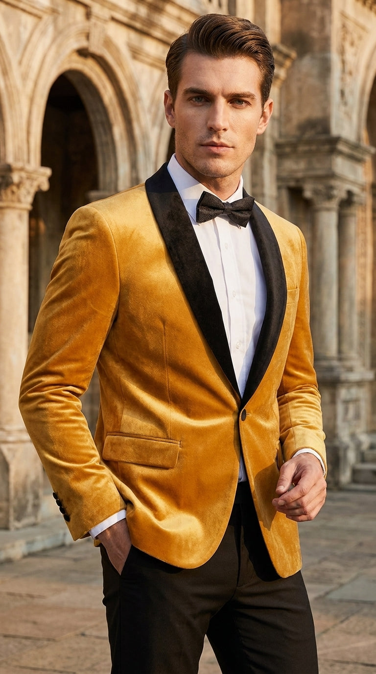 Men’s Velvet Gold Tuxedo Dinner Jacket – Black Shawl Lapel Wedding & Prom Blazer