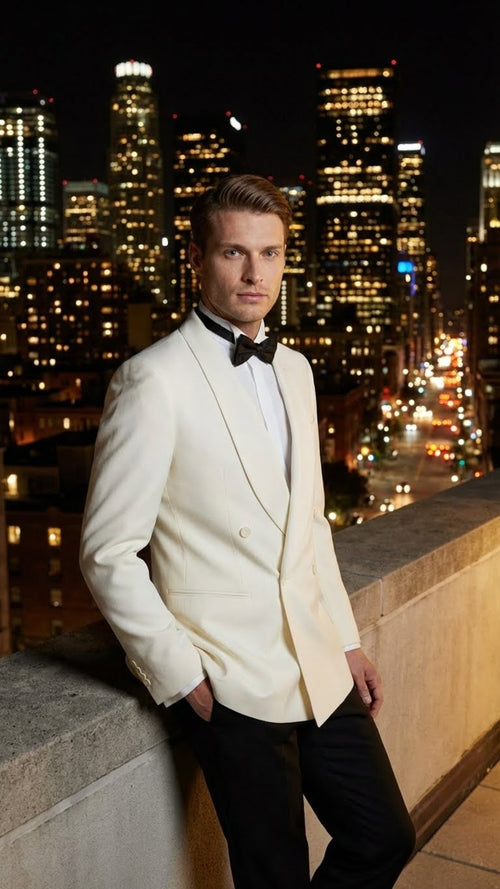 Ivory double-breasted tuxedo jacket with shawl lapels, tailored fit. Lightweight fabric, two pockets. Includes a black bow tie. Perfect for formal events.
