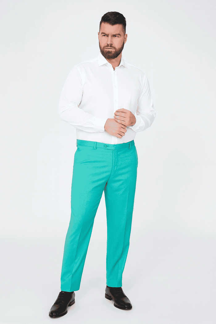 Men's slim fit aqua dress pants. Straight leg, lightweight, smooth fabric. Vibrant turquoise color. Flat front, belt loops.
