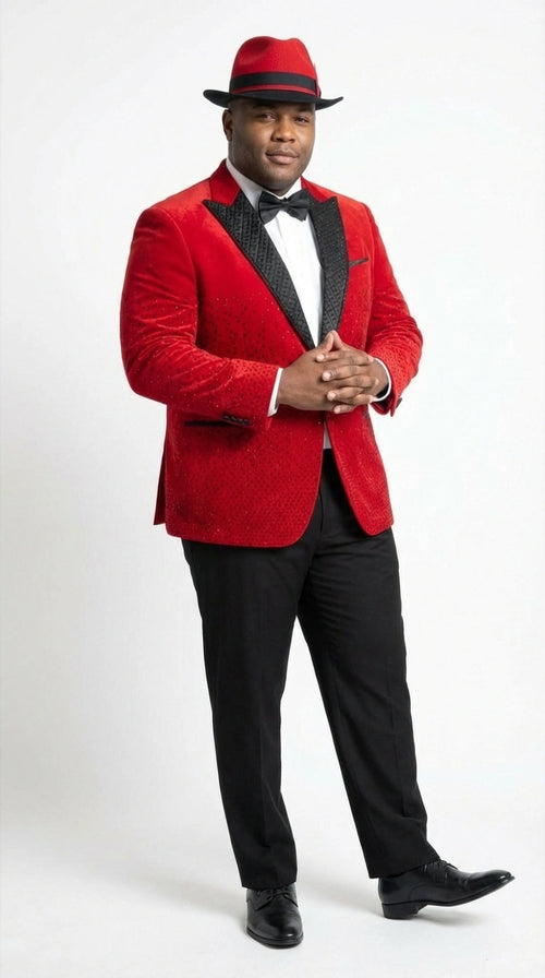 Men’s Red Velvet Fabric Rhinestone  Blazer with Matching Red and Black Hat – Christmas New Year Holiday Party Jacket Set