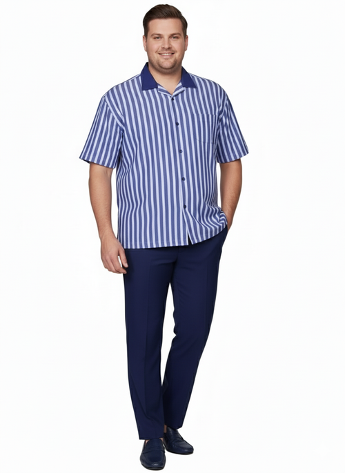 Summer two-piece outfit: short-sleeve shirt with blue/white stripes, navy collar, chest pocket. Matching navy pants, straight-leg fit.
