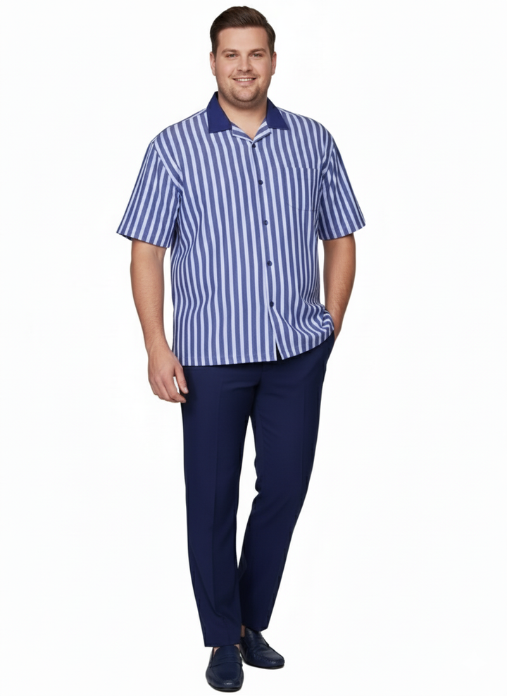 Summer two-piece outfit: short-sleeve shirt with blue/white stripes, navy collar, chest pocket. Matching navy pants, straight-leg fit.
