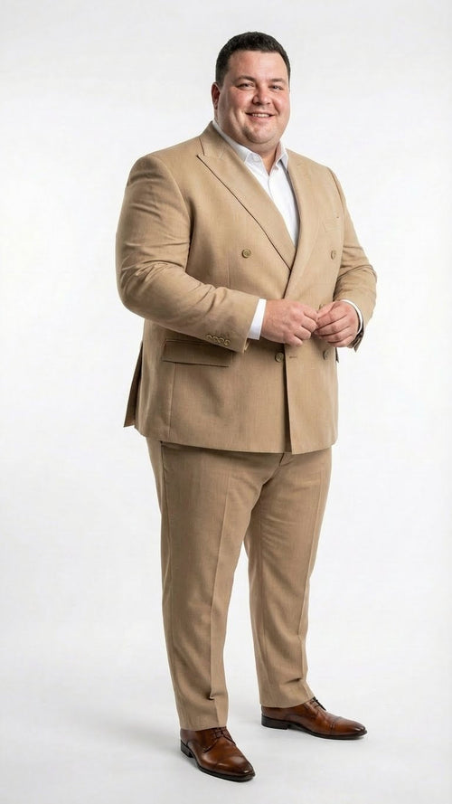 The vitali brand men’s beige double-breasted suit by Alberto Nardoni features a light beige color, structured dual front buttons, and is complemented by matching trousers, both crafted from a smooth fabric.