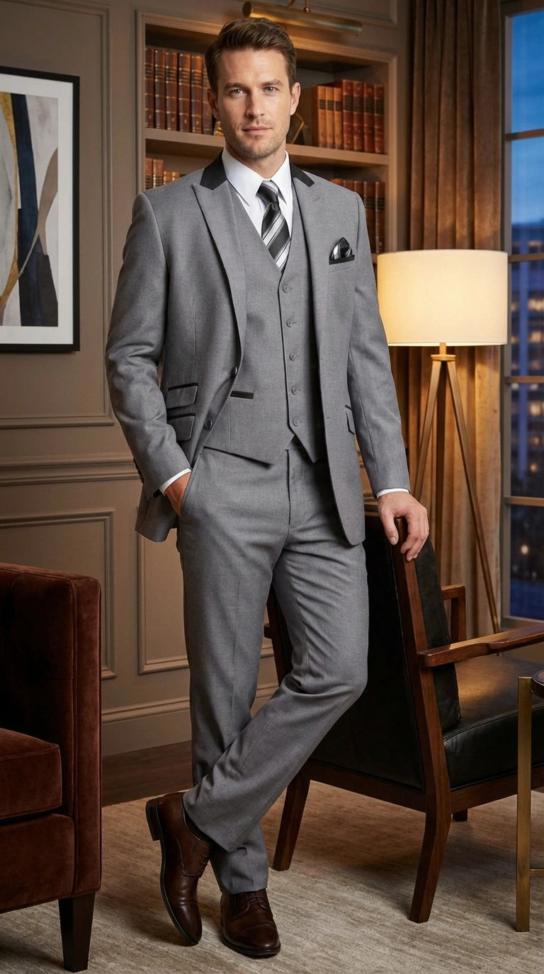 Men’s Light Gray Three Piece Suit with Black Chesterfield Collar  – Classic Formal Wedding and Business Suit Set 1920s Vintage