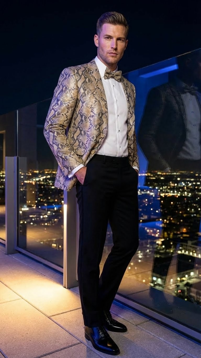 Beige & black snakeskin print men's blazer. Fitted silhouette, structured shoulders, textured material with snake patterns. Long sleeves, single-button closure.
