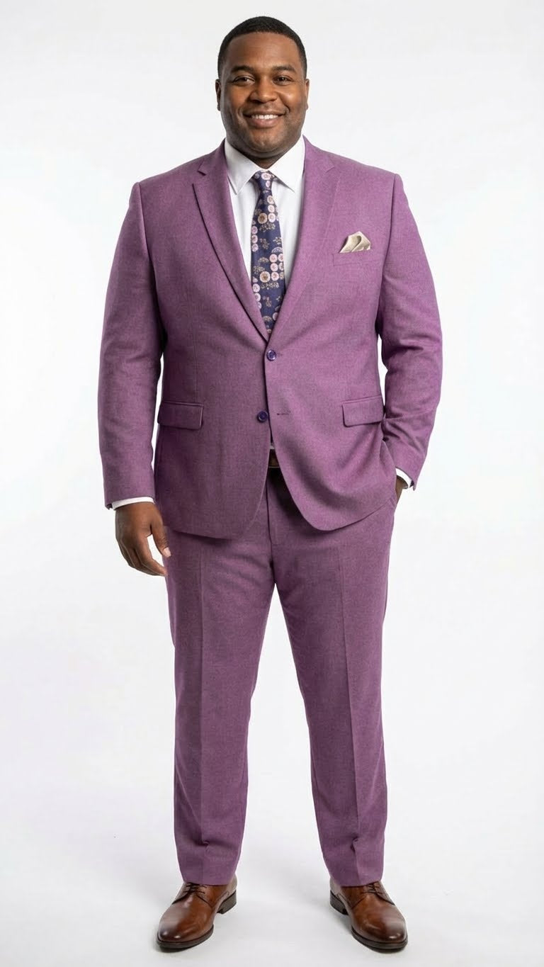 Light purple men's suit blazer and jacket. Structured, single-breasted blazer with two pockets and contrasting buttons. Textured fabric, likely wool. Tailored fit, solid color.
