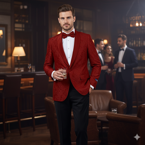 A big and tall men’s burgundy paisley tuxedo jacket features a structured fit with a two-button closure, peak lapels, and intricate paisley patterning in a rich burgundy hue.