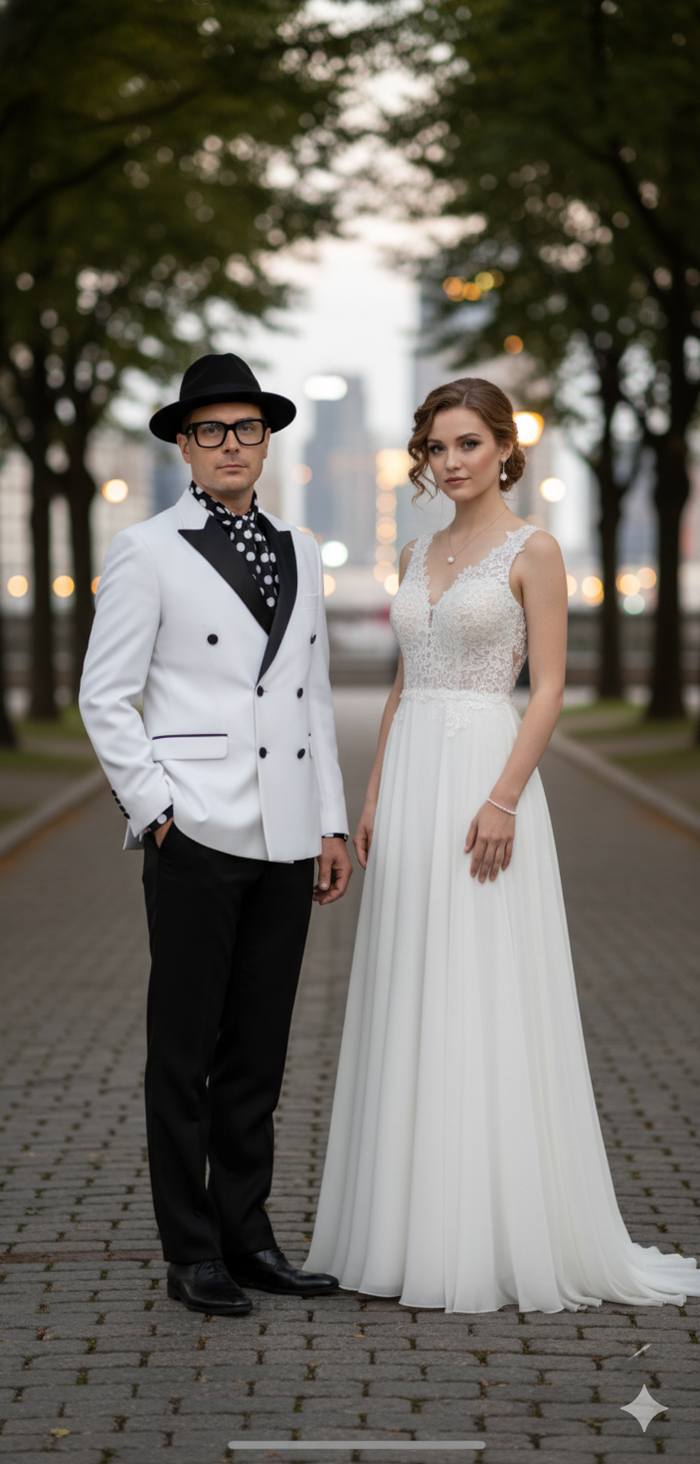 Men's slim-fit white double-breasted tuxedo. Black peak lapels and four buttons. Black tailored trousers. Classic style with a modern cut.
