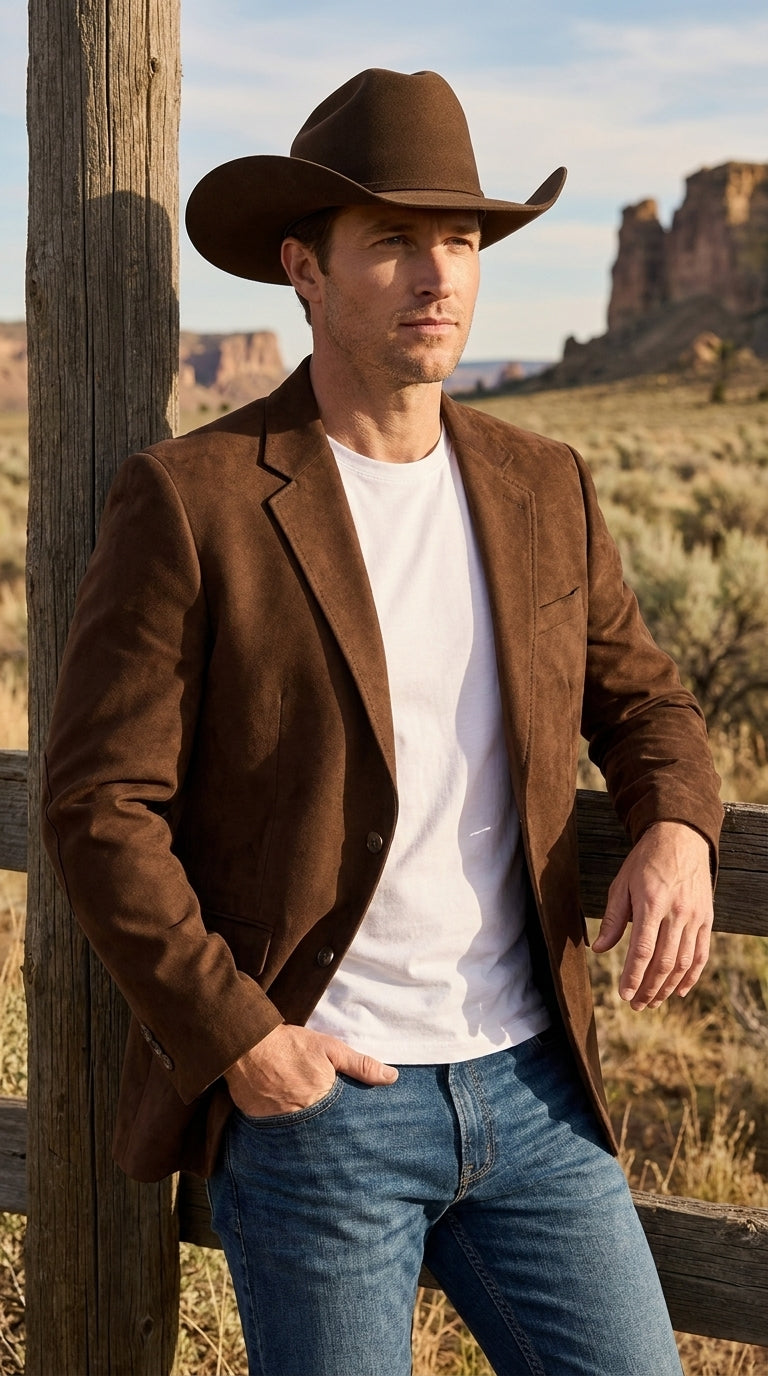 Men’s Brown Suede Western Blazer – Cowboy Sport Coat Jacket for Weddings & Country Wear