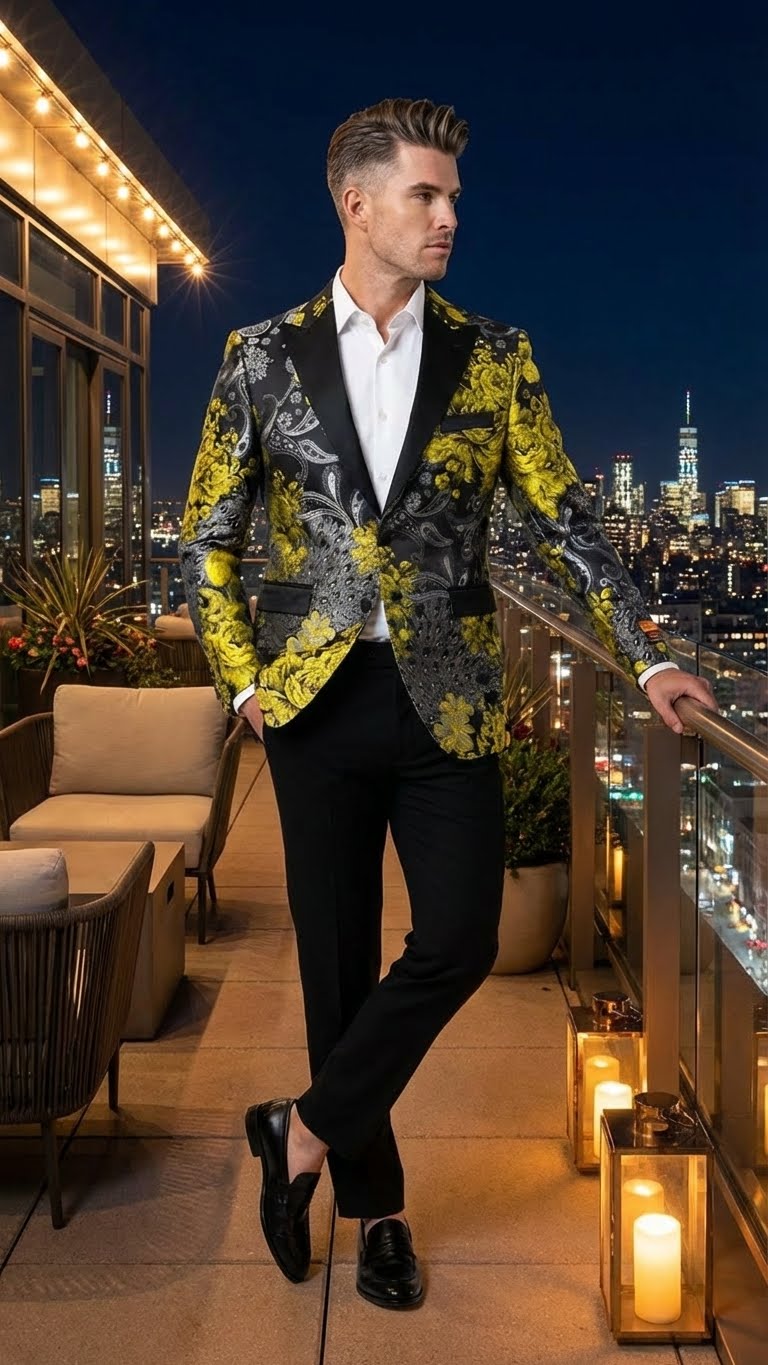 Yellow tuxedo jacket with black & gold floral pattern by Alberto Nardoni. Fitted silhouette, black lapel & pockets. Intricate floral motifs on dark background.
