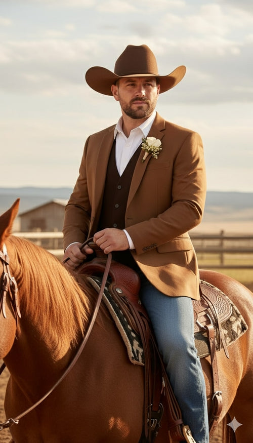 Rust copper brown western blazer. Tailored fit, single-breasted, notched lapels, two pockets. Structured fabric for a classic cowboy look. Rich, warm color.
