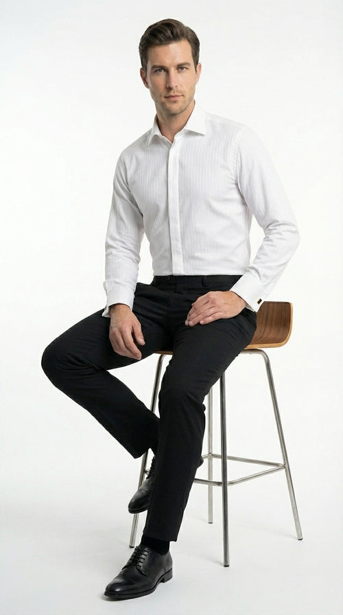 Mens White Herringbone Shadow and Tone on Tone Dress Shirt – Classic Formal Wedding