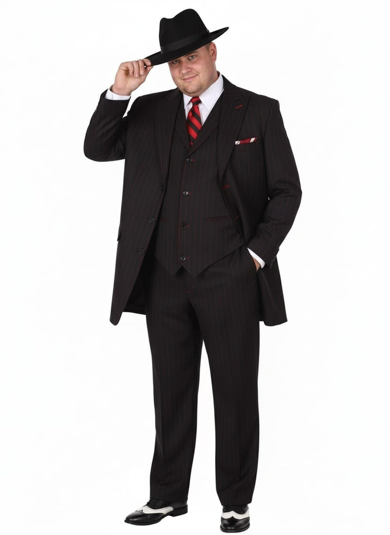 Men's black & red pinstripe zoot suit. 3-piece: long jacket, pants & vest. Vertical stripes & pocket detailing. Classic & stylish.