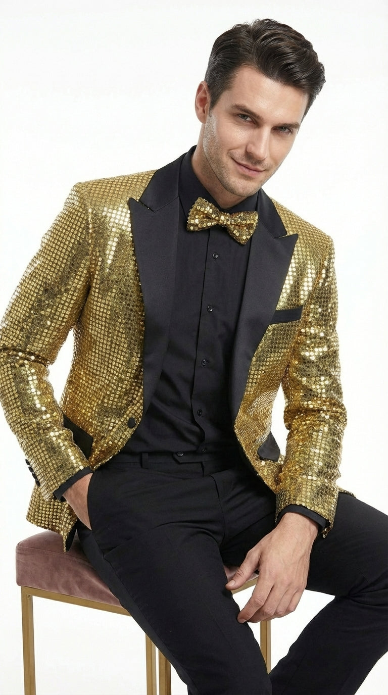 Mens Gold Sequin Blazer with Black Satin Lapel – Gold Formal Party Blazer Jacket for Prom, Wedding and Stage Events