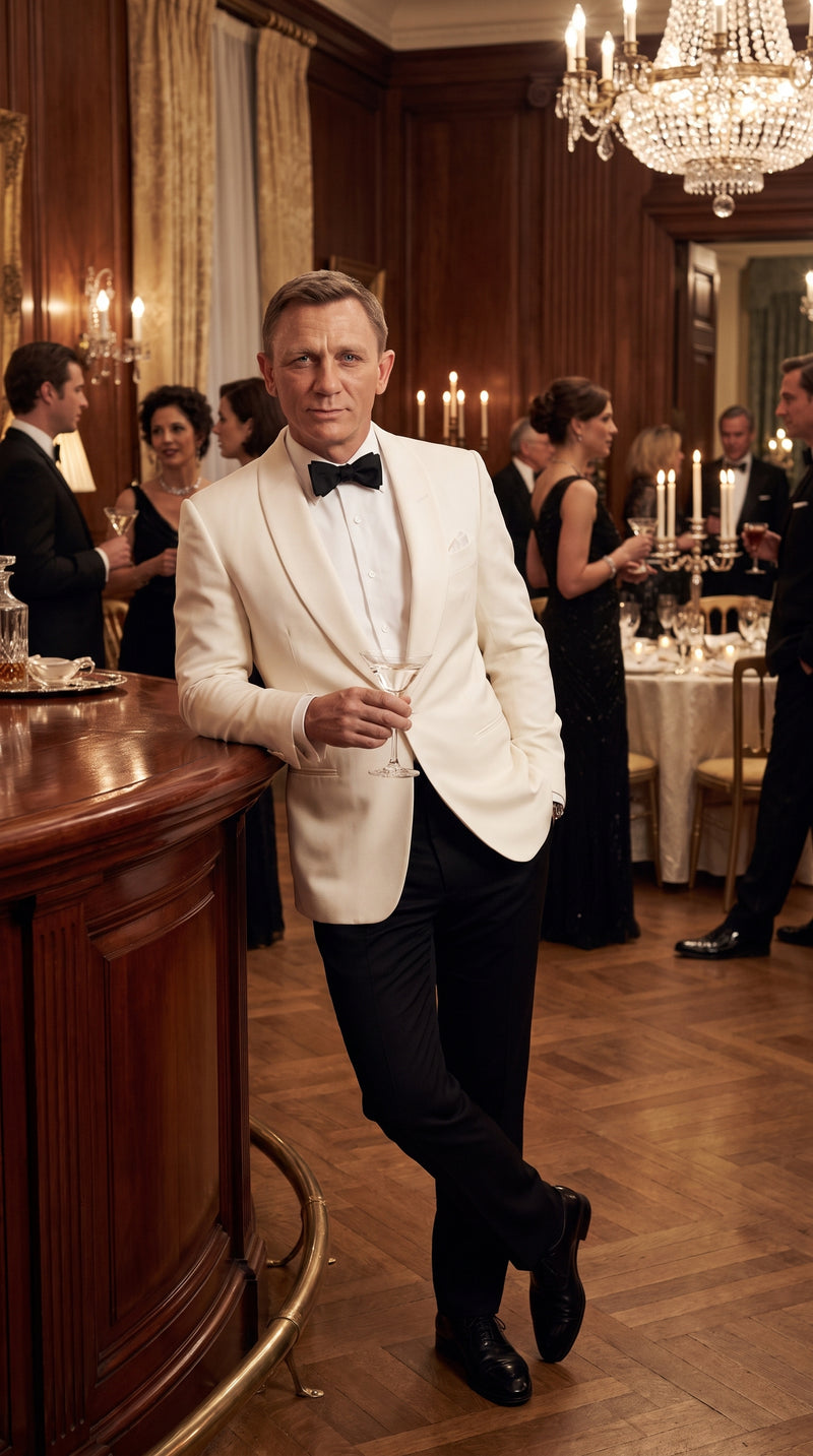 Men’s James Bond Style Ivory Dinner Jacket, White Tuxedo Blazer for Wedding, Prom and Black Tie Events