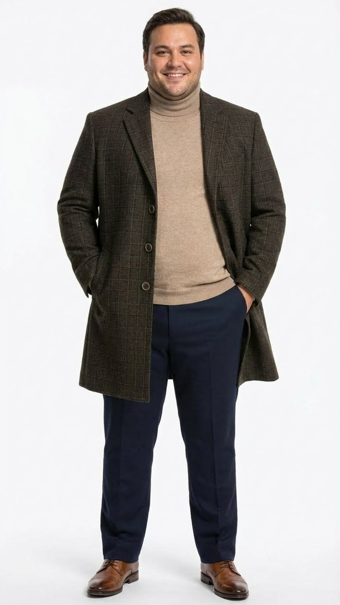 Men's brown checkered wool overcoat: long, tailored silhouette with double-breasted closure. Brown/gray check pattern on dark brown base. Textured wool, notched collar, side pockets. Structured form.
