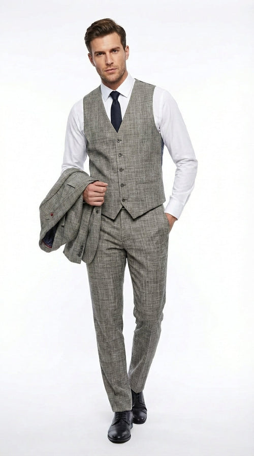 Vitali Brand Men’s Grey Textured Patterned 3 Piece Suit – Modern Fit Checkered Sharkskin with Blazer, Vest & Trousers, Business Wedding
