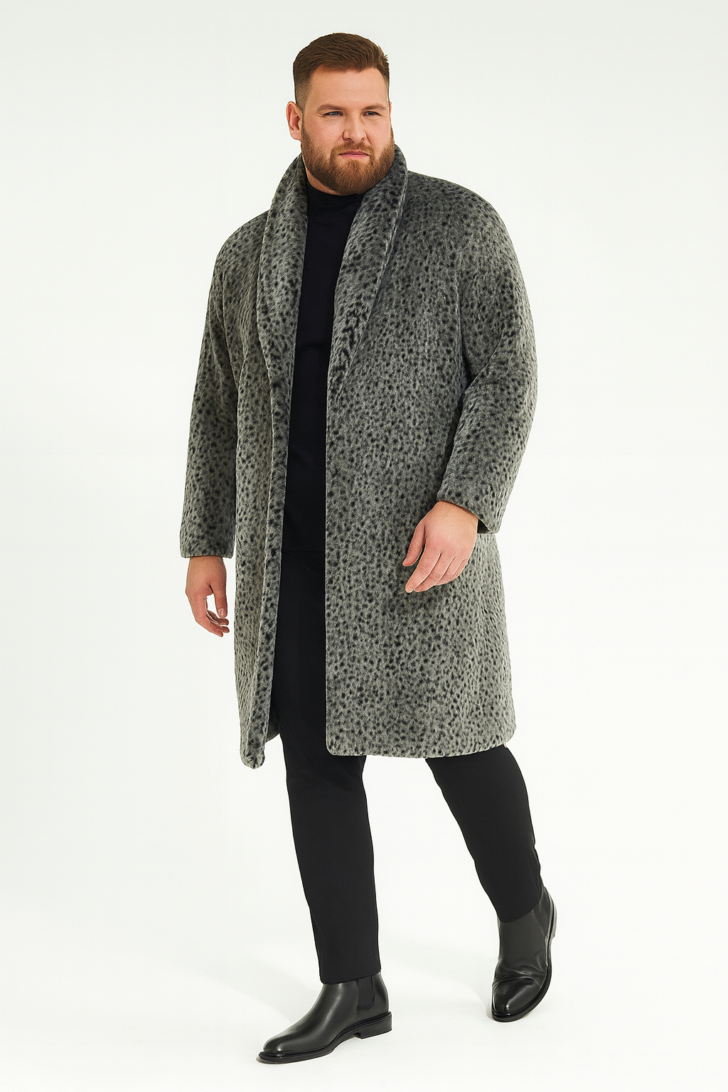 Men's luxury long grey faux fur coat with animal print. Shawl collar, long sleeves, and a straight silhouette. Knee-length.
