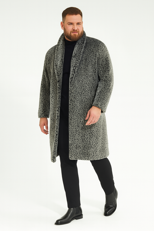 Men's luxury long grey faux fur coat with animal print. Shawl collar, long sleeves, and a straight silhouette. Knee-length.
