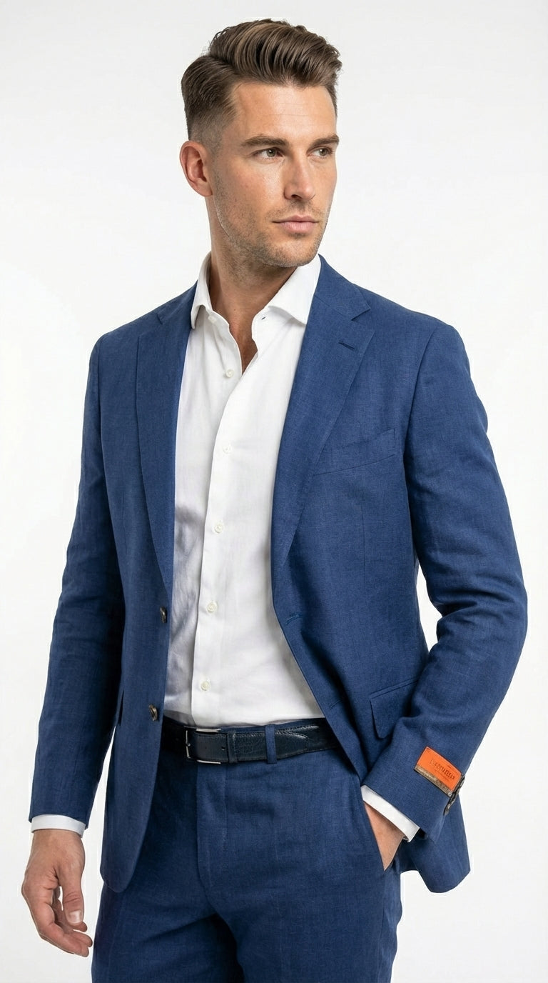 Mens Enzo Tovare Denim Blue Linen Summer Suit – Breathable Two Piece Suit for Wedding, Business, Travel