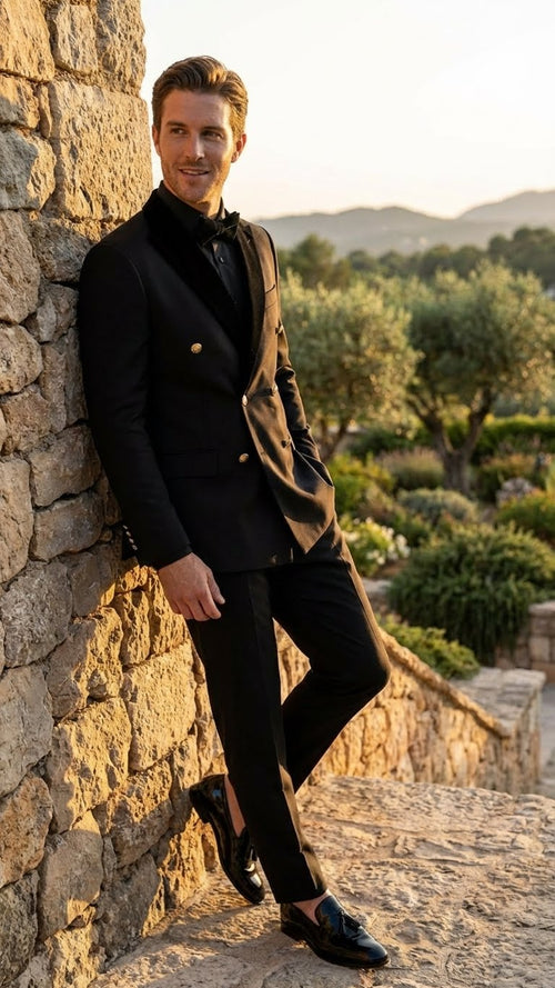 Alberto Nardoni men's black tuxedo suit. Double-breasted, tailored silhouette with notch lapel and gold buttons. Smooth, solid black fabric. Slim-fit trousers complete the elegant ensemble.
