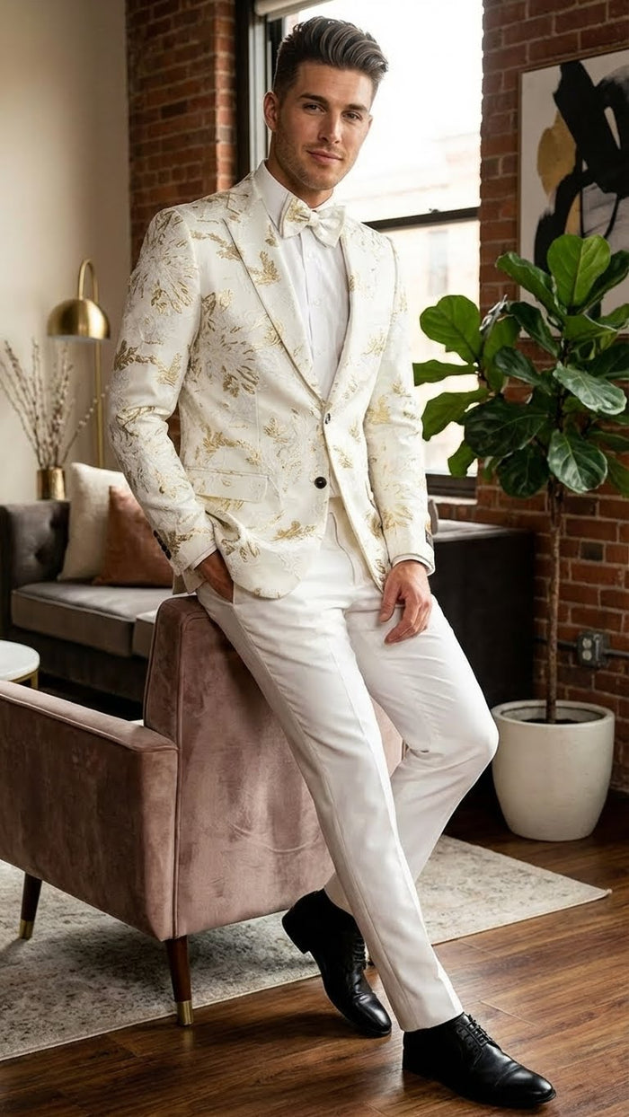 Men's white blazer with gold floral & abstract pattern. Structured, single-breasted, notched lapels. Paired with white pants & shirt.
