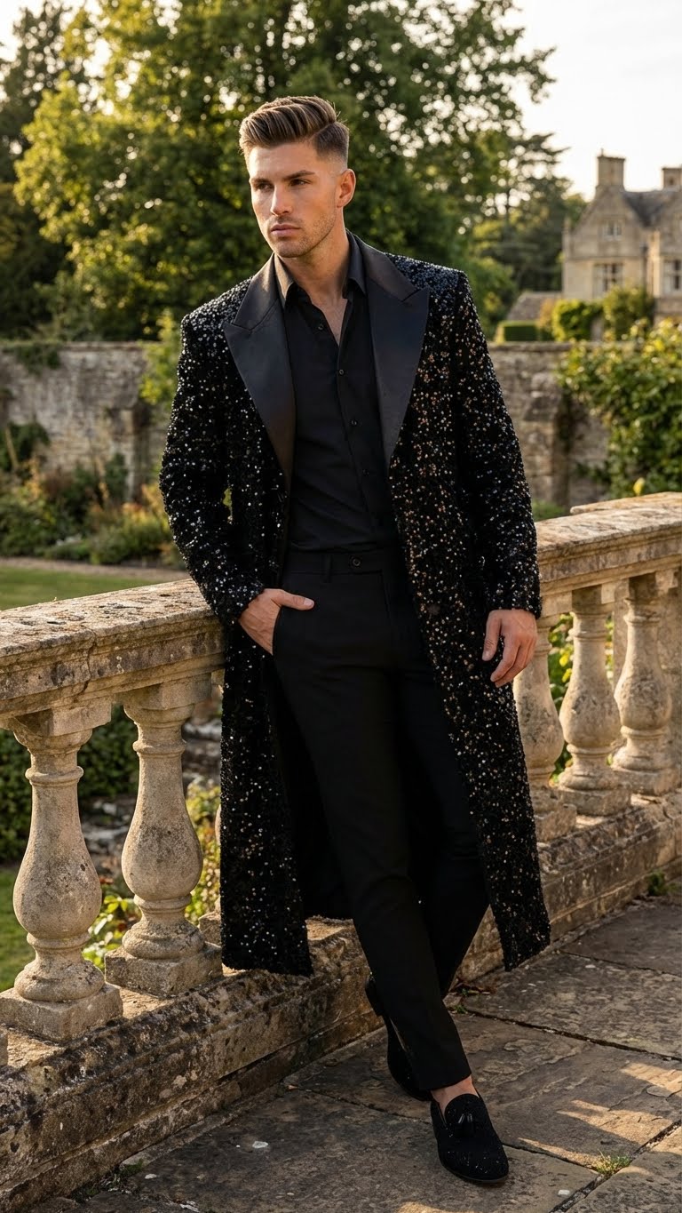 Men's black sequin long coat with satin shawl lapel, tailored fit, and long sleeves. Open front design. Covered in shimmering black sequins. Extends below the waist for a formal appearance.
