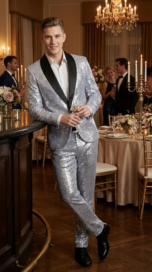 Mens Silver Grey Sequin Tuxedo Suit – Shiny Wedding Suit Set with Black Lapel for Prom, Party, Gala and Formal Evening Wear