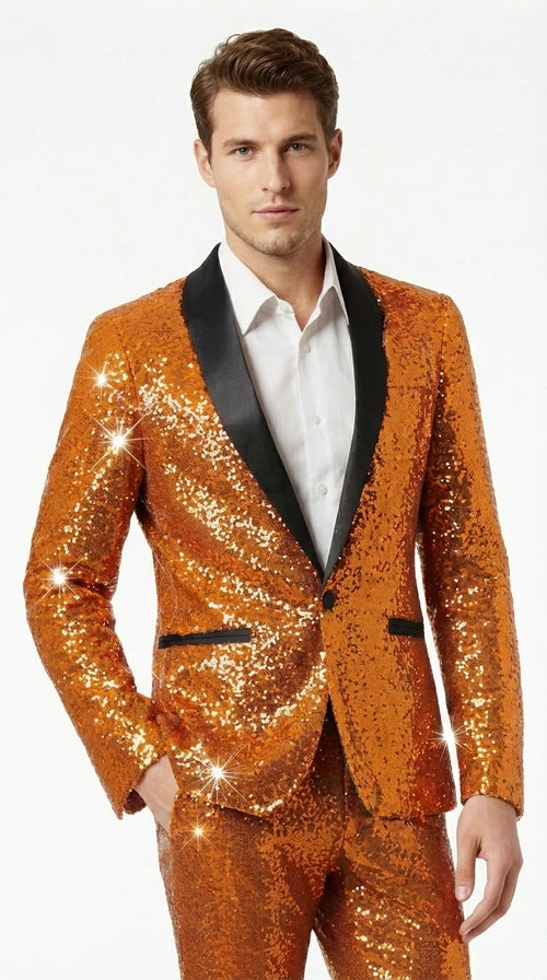 Mens Orange Sequin Tuxedo Suit – Shiny Wedding Suit Set with Black Lapel  for Prom, Party, Gala and Formal Evening Wear - Goldish Orange
