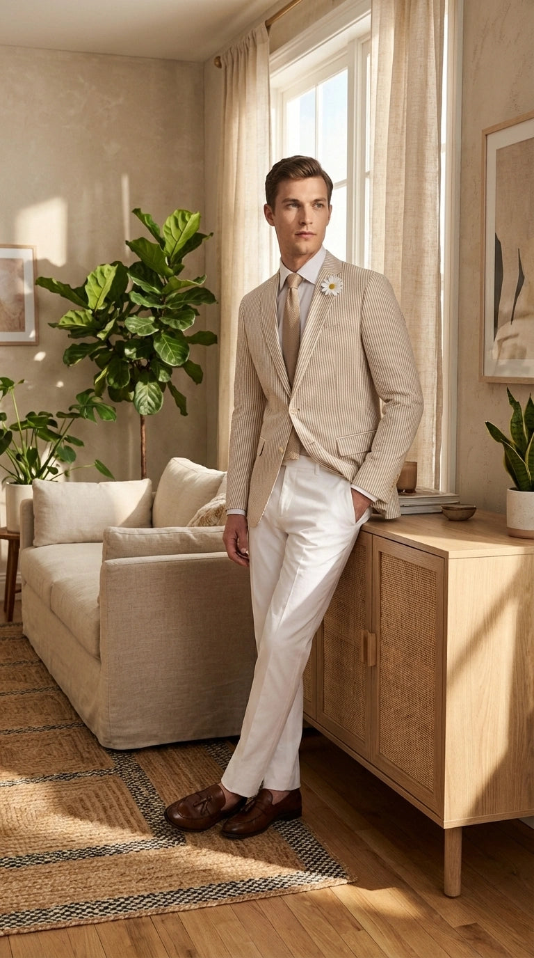 Mens Beige Seersucker Blazer – Lightweight Striped Summer Sport Coat Casual Smart Formal Jacket