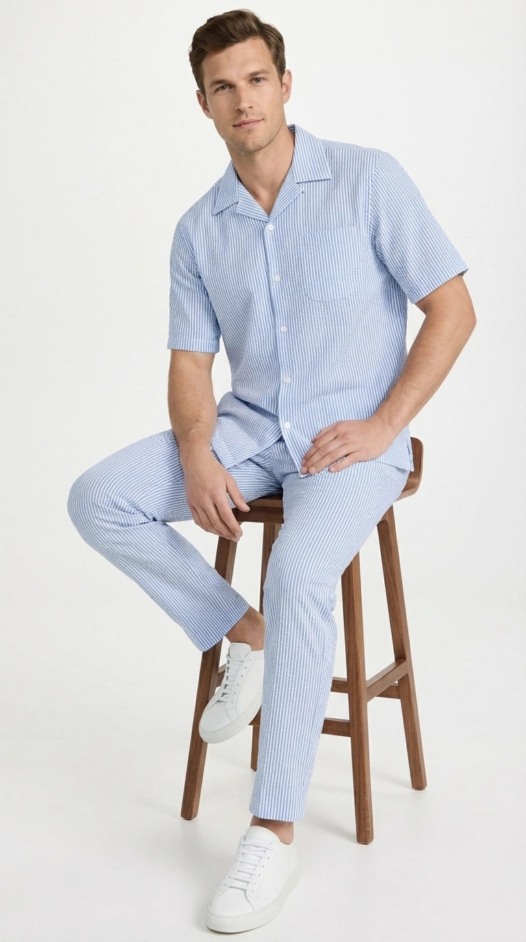 ens Light Blue Seersucker Walking Suit Set – Casual Summer Short Sleeve Outfit with Matching Pants Lightweight Two Piece Outfit