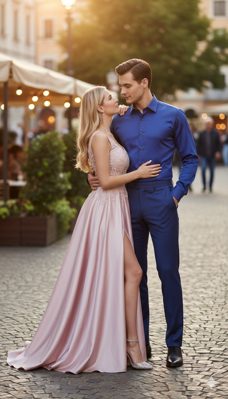 Men's royal blue satin dress shirt. Long sleeves, smooth texture, tailored fit, and button-down front. Offers a polished and refined look.
