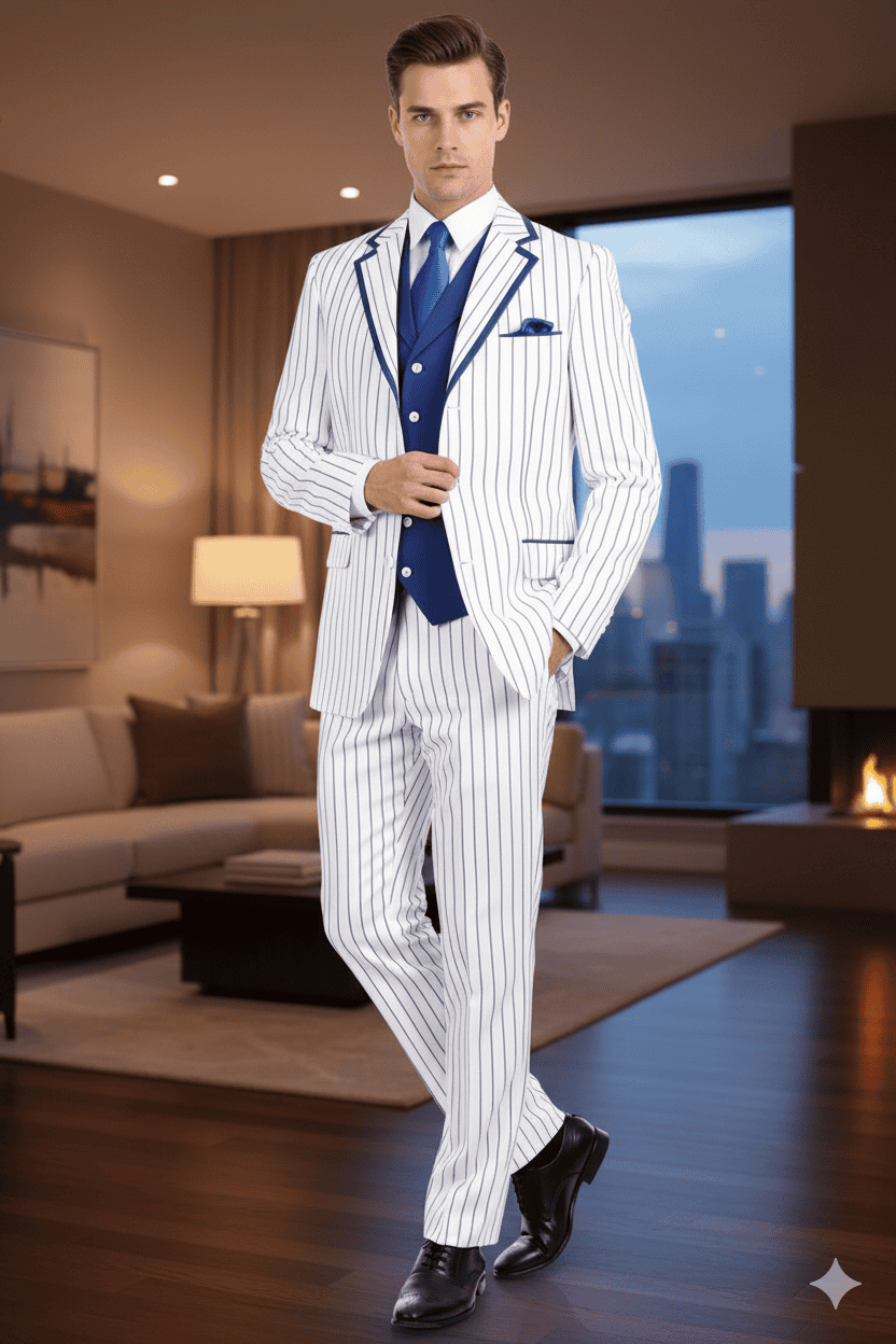 White & royal blue pinstripe 3-piece suit for men. Classic fit blazer, blue vest, trousers, & tie. Vertical pinstripes, blue accents, structured design.