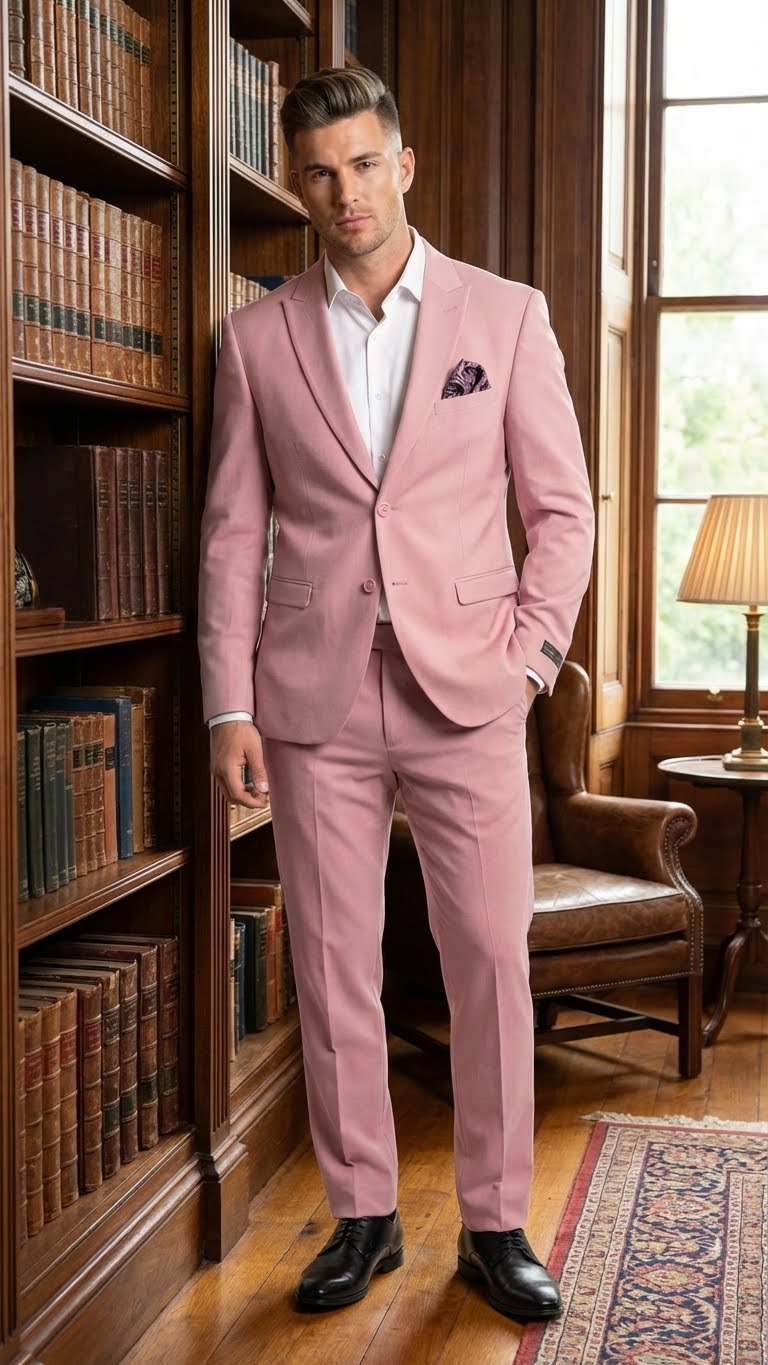 Modern fit men's suit in light pink color, featuring a single-breasted blazer with notched lapels and flat-front trousers. The fabric appears smooth with a slight sheen.