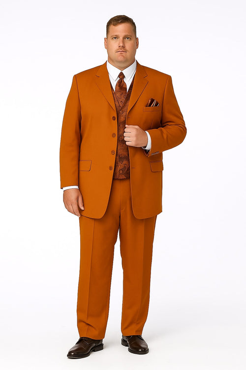 Alberto Nardoni men's rust 3-piece suit: tailored jacket (single-button, flap pockets), patterned vest, straight-cut trousers. Includes matching tie and pocket square for a polished look.