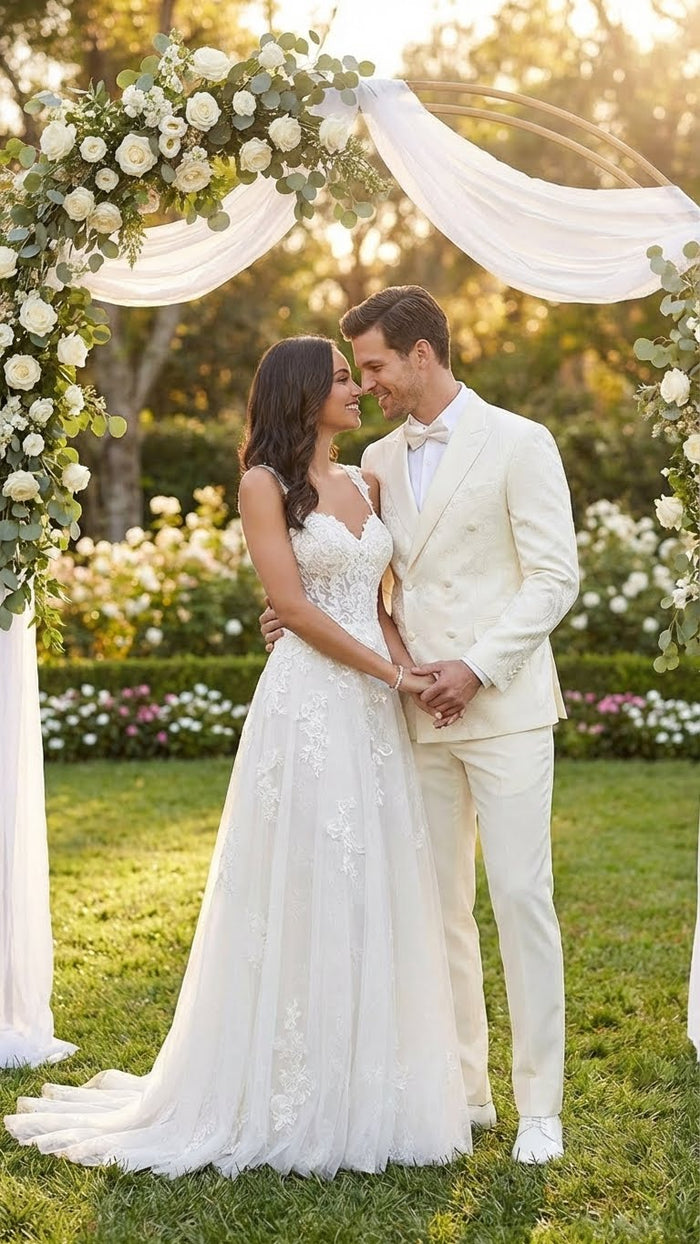 Ivory double-breasted Alberto Nardoni tuxedo jacket. Tailored fit, sharp lapel, structured shoulders. Smooth fabric, likely formal blend. Features: center button closure, side pockets, classic silhouette. Soft ivory color.
