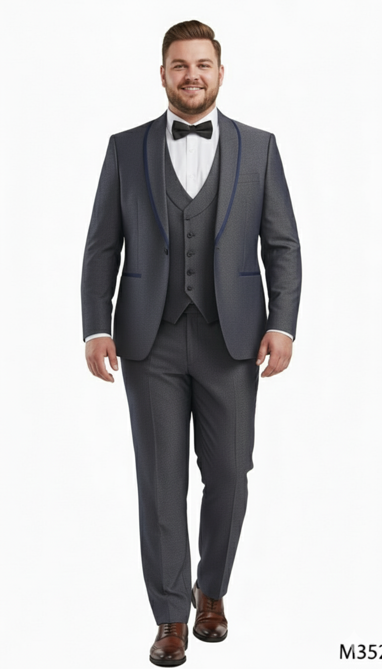 Charcoal gray men's slim-fit 3-piece suit. Features jacket, vest, and trousers with blue trim. Modern design, patterned fabric, and classic lapels.