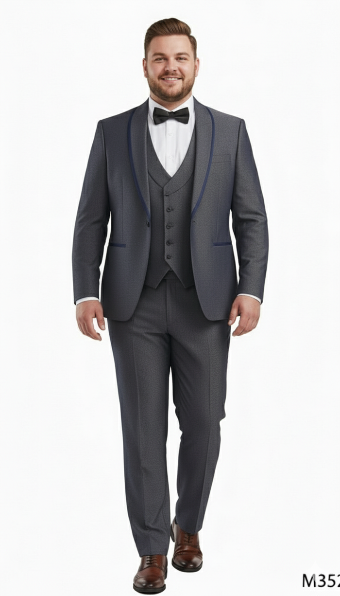 Charcoal gray men's slim-fit 3-piece suit. Features jacket, vest, and trousers with blue trim. Modern design, patterned fabric, and classic lapels.