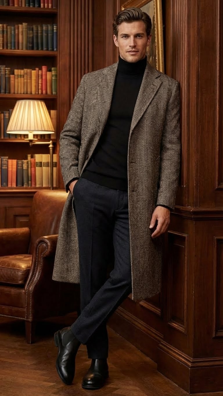 Men's black & grey herringbone tweed overcoat. Long, structured silhouette with tailored fit. Features fitted collar, button closure, and contrasting textures. Lined for comfort and enhanced formality.
