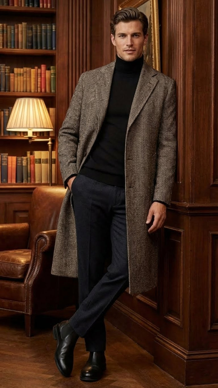 Men's black & grey herringbone tweed overcoat. Long, structured silhouette with tailored fit. Features fitted collar, button closure, and contrasting textures. Lined for comfort and enhanced formality.
