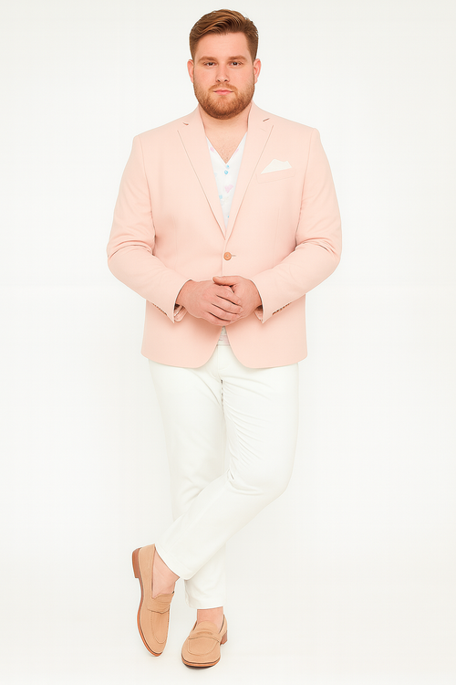 Men's blush pink slim fit blazer. Two-button closure, notch lapel. Smooth, solid fabric. Features pocket square. Classic, refined style.
