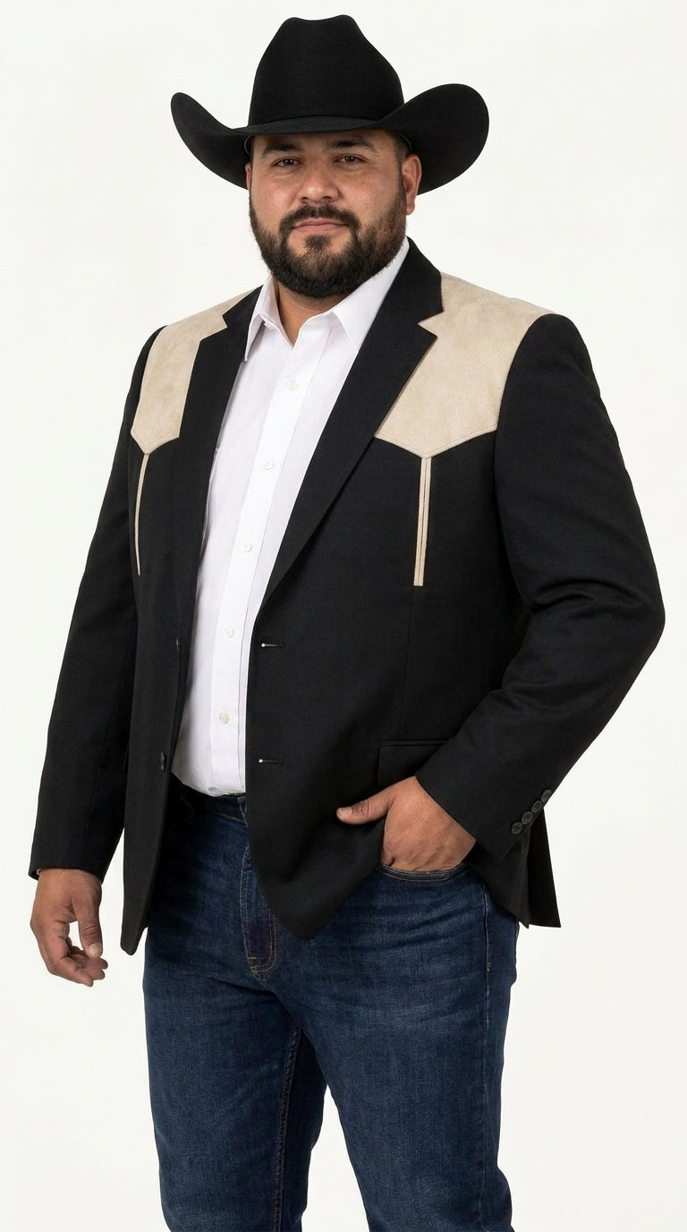 Men’s Black & Bone Tan Western Blazer – Cowboy Sport Coat with Suede Yoke for Rodeo, Ranch & Country Wear
