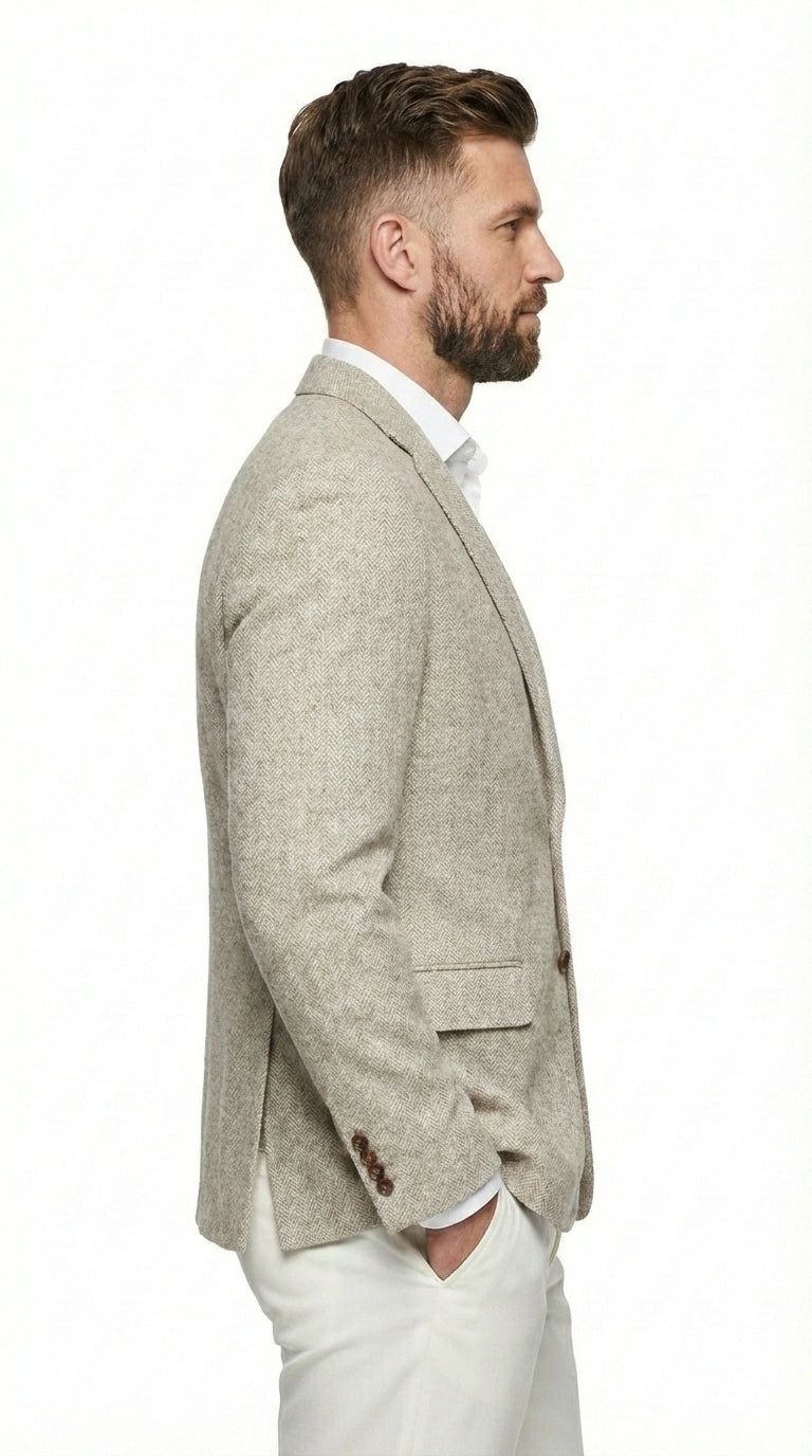 Men’s Light Tan Tweed Blazer – Classic Herringbone Sport Coat, Beige Casual Formal Jacket, Vintage Style Business & Smart Casual Wear