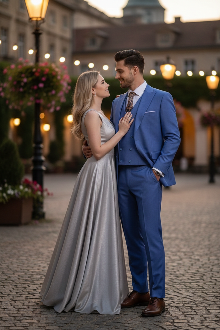 Alberto Nardoni men's light blue 3-piece suit: double-breasted jacket, matching trousers, and waistcoat. Tailored fit, solid light blue color.