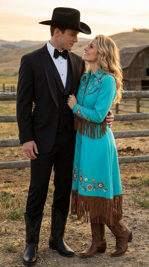 Black Western Tuxedo for Men | Classic Three Piece Formal Wedding Peak Lapel with Trim Collar Cowboy Suit