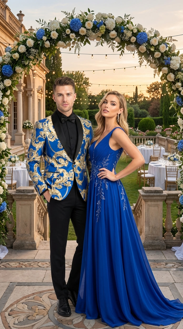 Men’s Royal Blue and Gold Blazer Jacket – Luxury Floral Pattern Tuxedo Blazer, Formal Party Wedding Dinner Jacket, Stylish Evening Wear