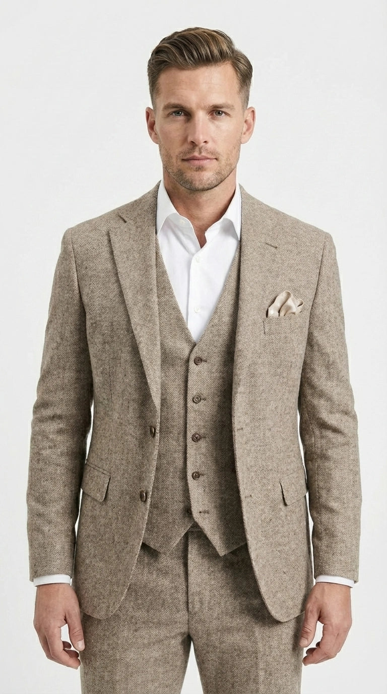 Men’s Light Beige Herringbone Tweed Suit with Vest – Classic Three Piece Formal Suit, Vintage Business Wedding Outfit, Elegant Smart Casual Wear